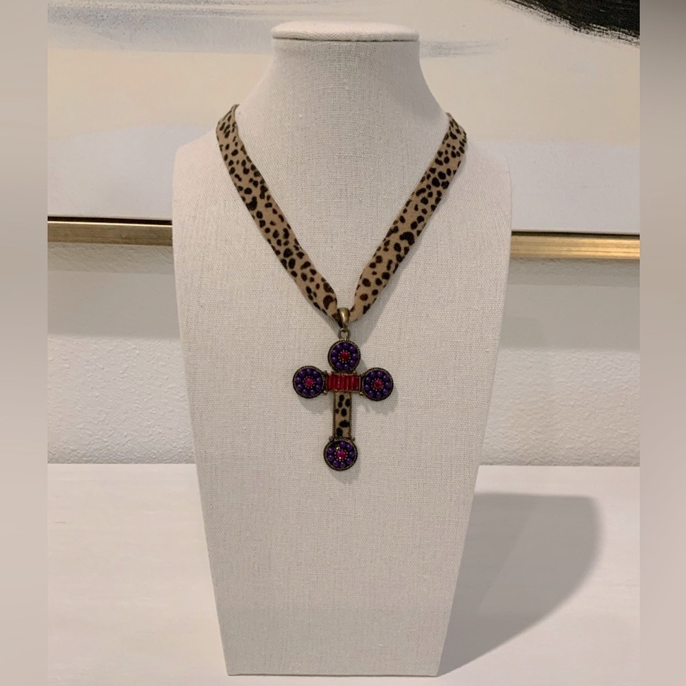 Necklace Animal Print cross pendant-cheetah-purple pink beads-leopard cowgirl